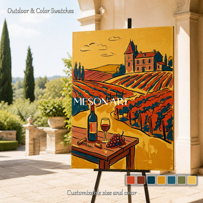 Gold And Red Contemporary Figurative Vineyard Landscape Painting Rectangular Wall Art For Dining Room By Mesonart