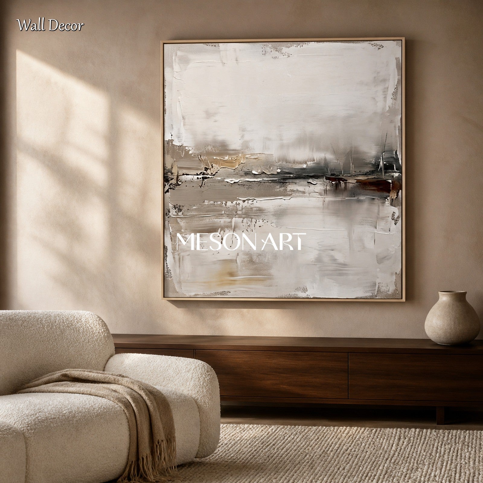 Beige And Gray Abstract Landscape Painting Square Wall Art Original Artist Hand Painted By Mesonart