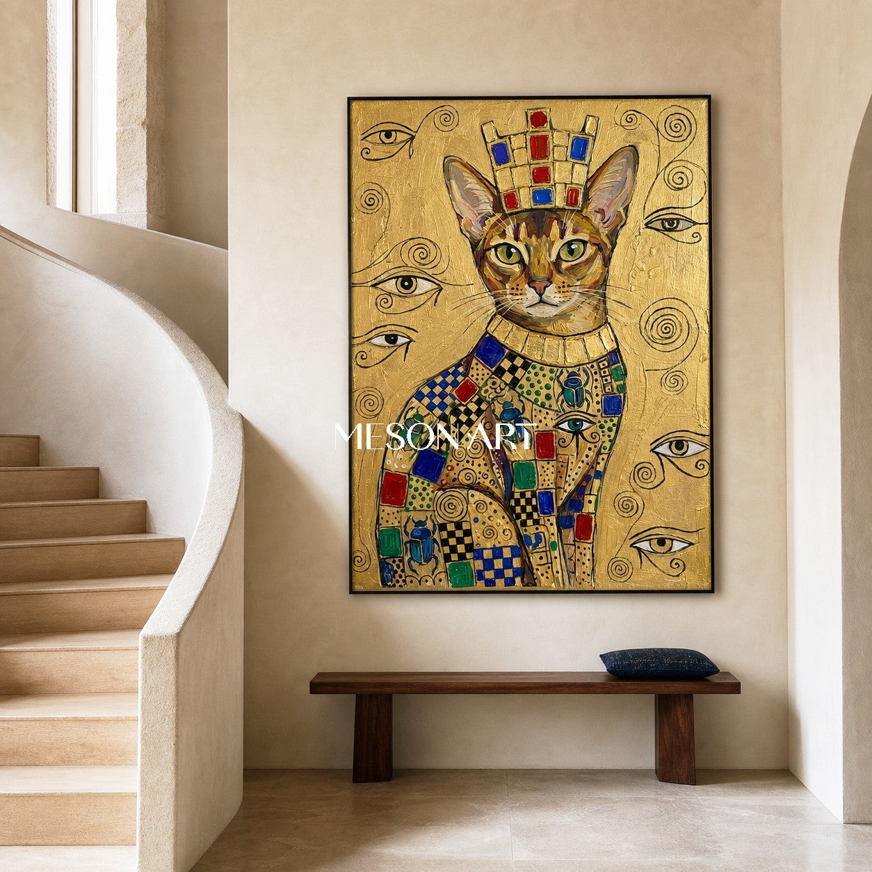 Golden Cat Portrait Painting Inspired By Klimt And Ancient Egypt For Luxury Home Decor
