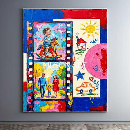 Vibrant Family Portrait Pop Art Painting With Film Strip Design For Kids Room Decor