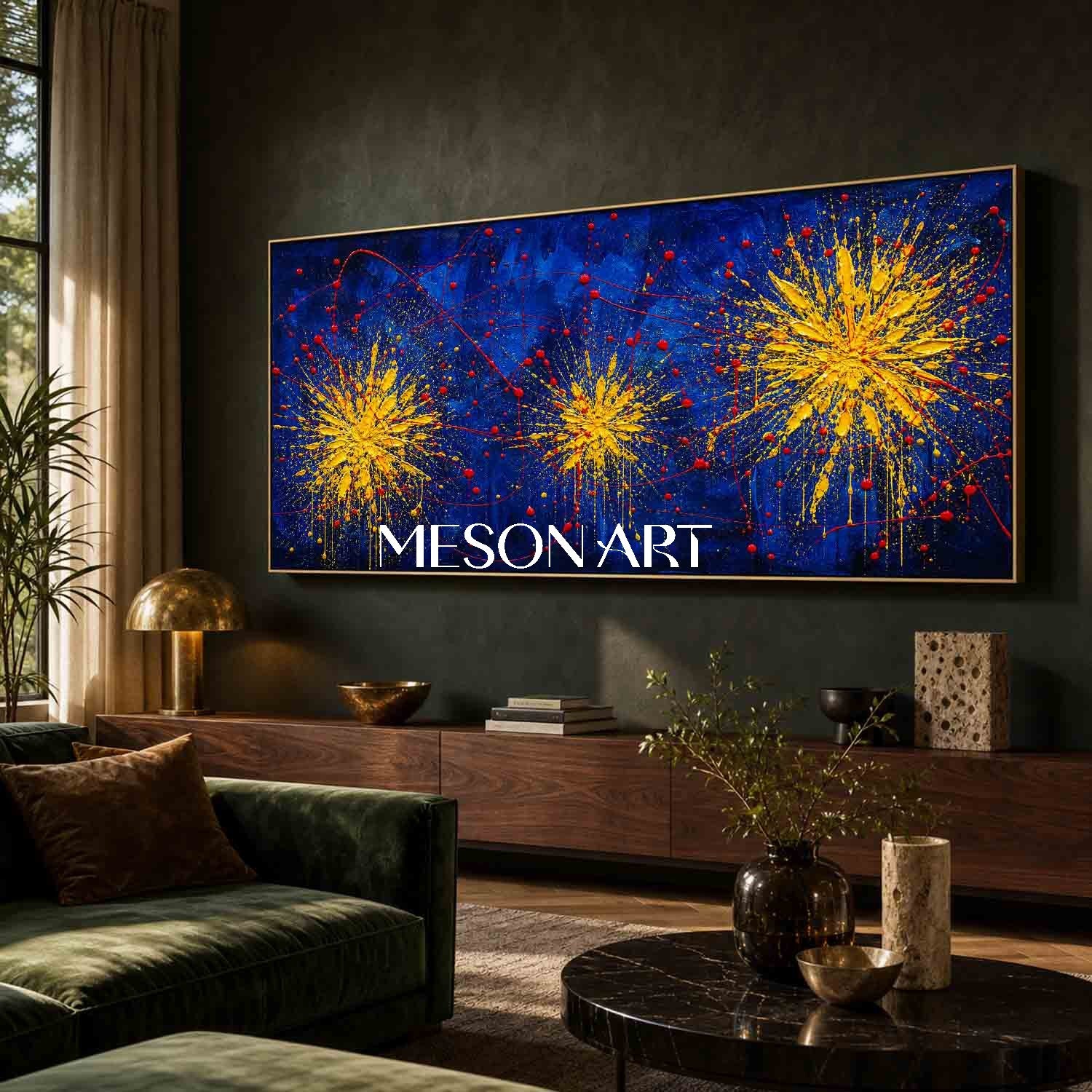 Abstract Blue And Gold Painting Modern Art For Living Room Executive Office