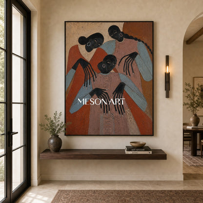Original Expressionist Art Painting With Primitive Figures For Modern Living Room Decor
