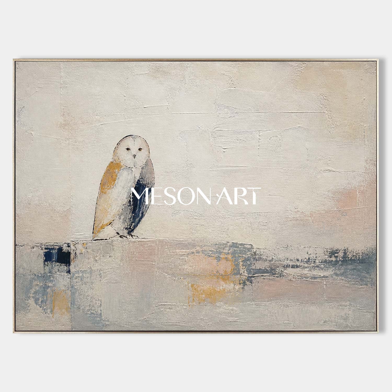 Minimalist Owl Painting In Beige And Grey Tones For Living Room Or Home Office Decor