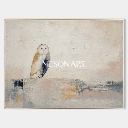 Minimalist Owl Painting In Beige And Grey Tones For Living Room Or Home Office Decor