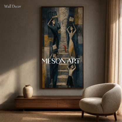Blue And Gold Cubist Abstract Geometric Modern Figures Stairs Chairs Panoramic Textured Canvas Original Artist Hand Painted By Mesonart