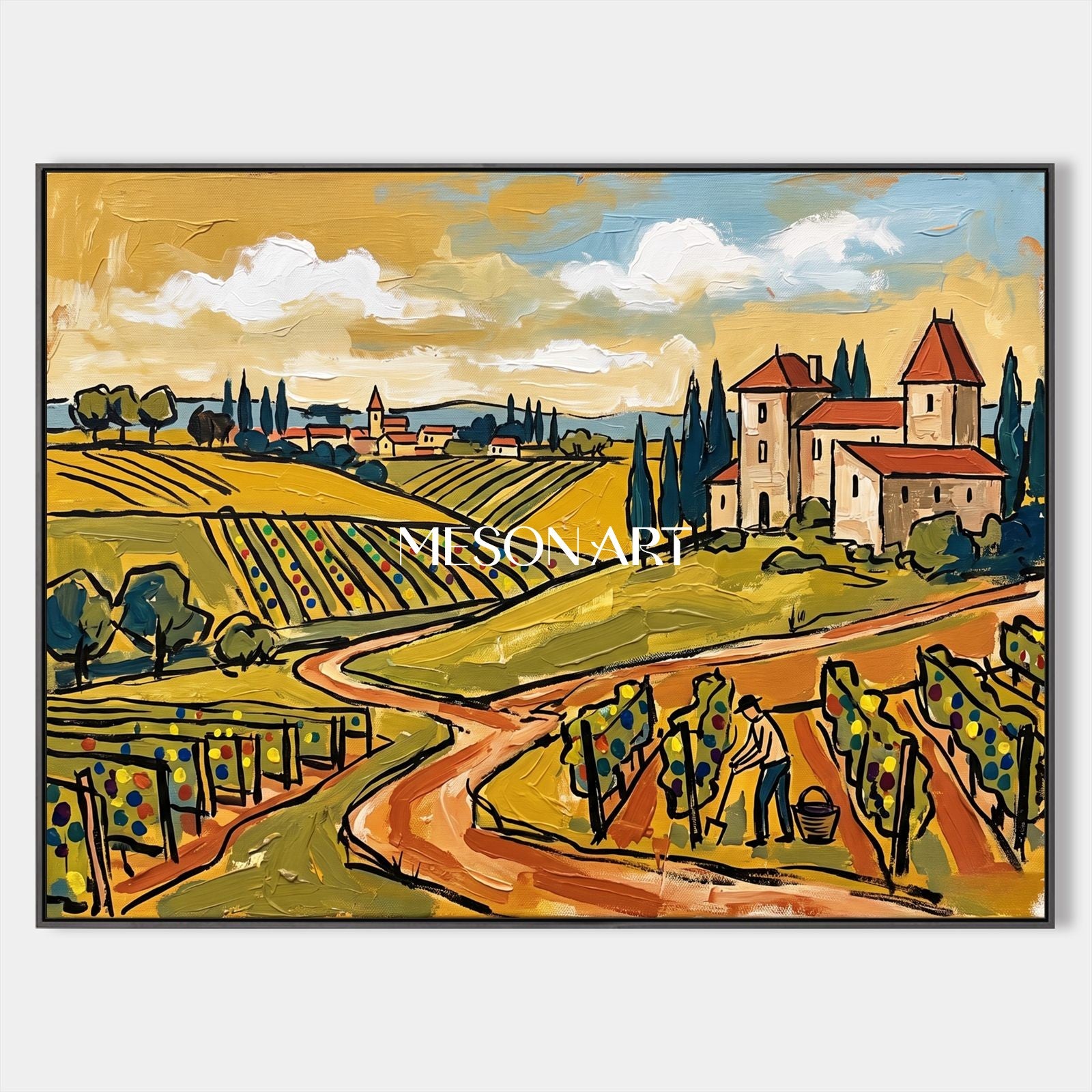 Gold And Green Wine Countryside Contemporary Figurative Original Painting Rectangular Wall Art For Dining Room By Mesonart