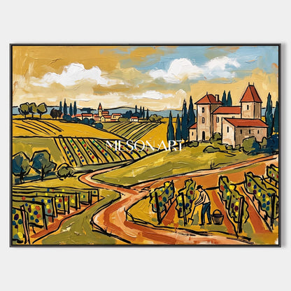 Gold And Green Wine Countryside Contemporary Figurative Original Painting Rectangular Wall Art For Dining Room By Mesonart