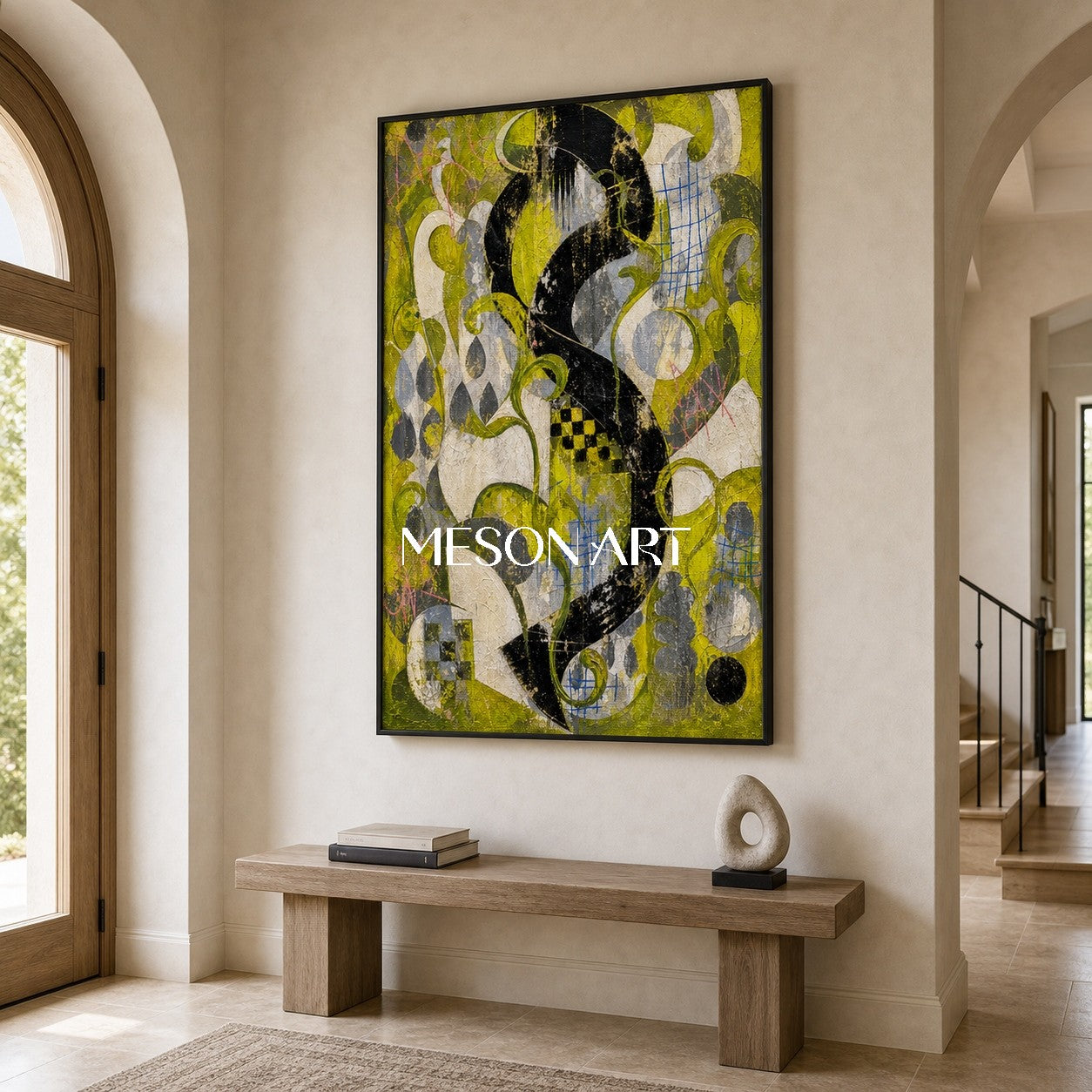 デジタル'85 / 抽象画 キャンバス 額セット 44×32㎝ 原画1点のみ 緑と黒のテクスチャ キャンバス アート リビング ルームの都市