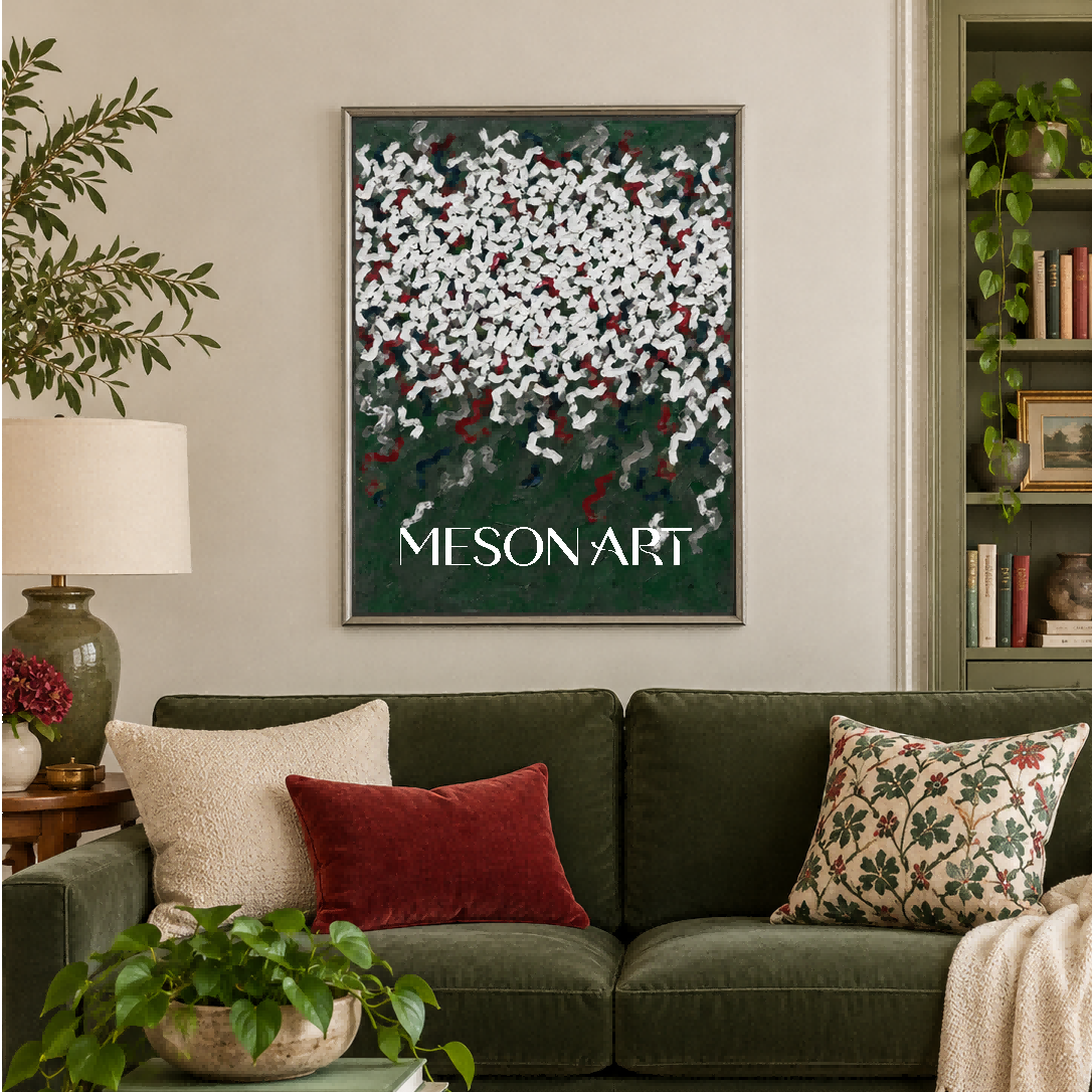 Green And White Abstract Art Wabi-Sabi Impasto Palette Knife Painting Rectangular Wall Decor For Living Room By Mesonart