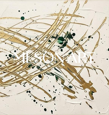 Beige And Gold Pollock Inspired Drip Painting Square Wall Art For Living Room By Mesonart