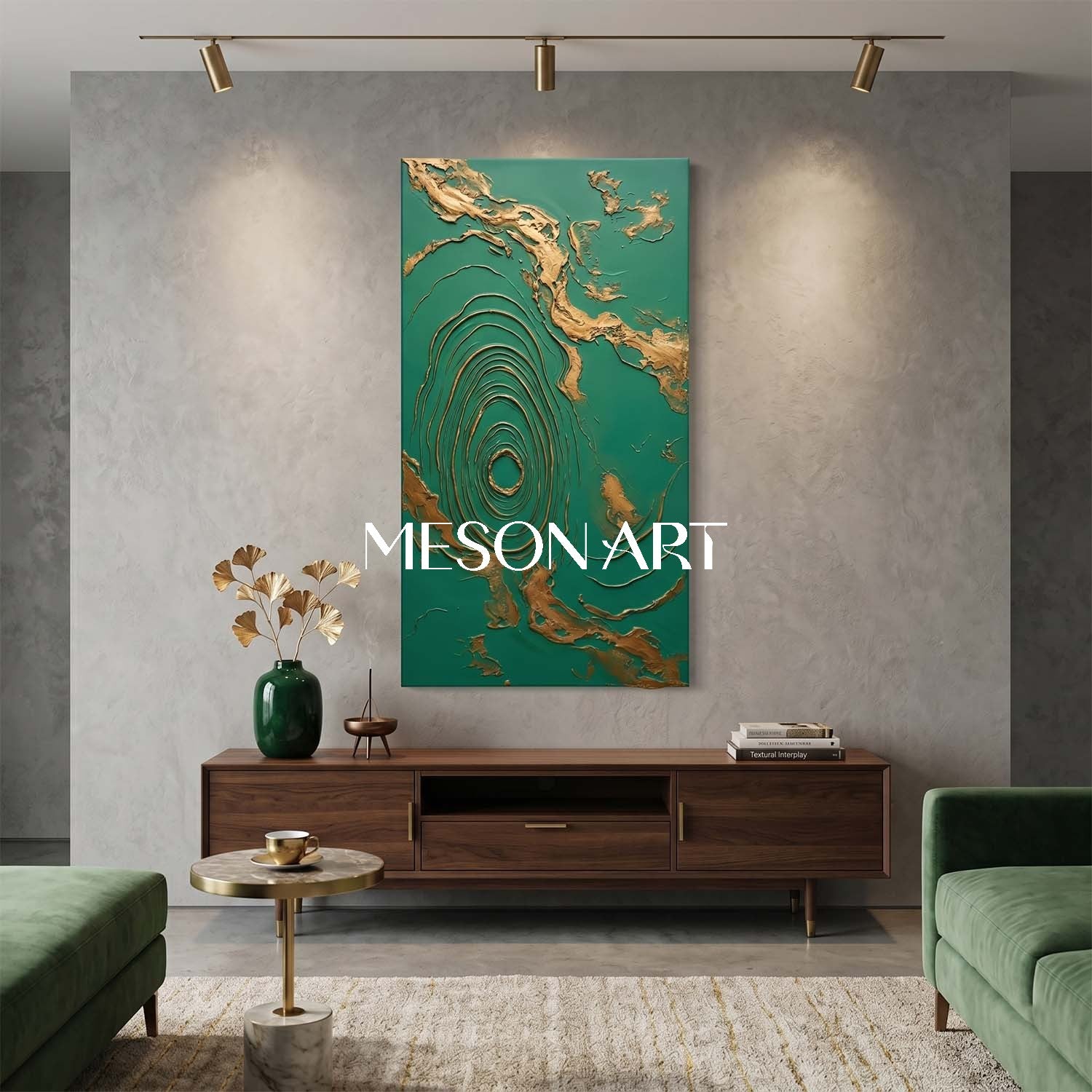 Large Green And Gold Abstract Wall Art For Modern Entryway Decor