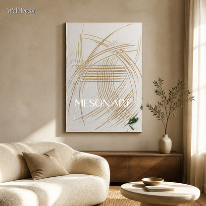 White And Gold Abstract Expressionism Painting Rectangular Wall Art For Living Room Original Artist Inspired Art By Mesonart