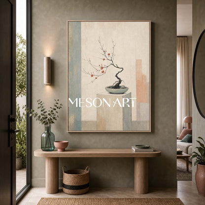 Minimalist Bonsai Painting With Geometric Background For Living Room And Office Decor