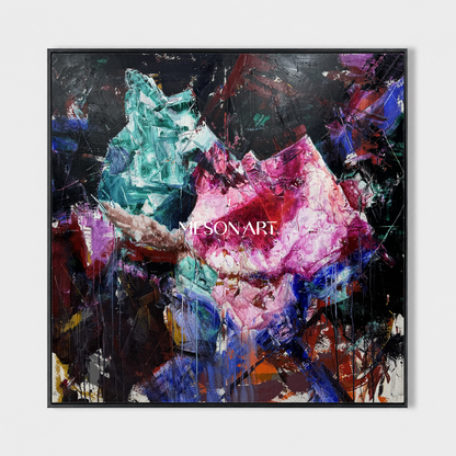Original Pink Crystal Painting, Magenta Heavy Texture Canvas, Luxury Living Room Wall Decor, Modern Impasto Oil Artwork, Sculptural Strokes Art Piece, Expressionist Colorful Centerpiece, Large Framed Square Artwork, 3D Plaster Mineral Decor, High End Collector Artwork, Black Background Contemporary Art.