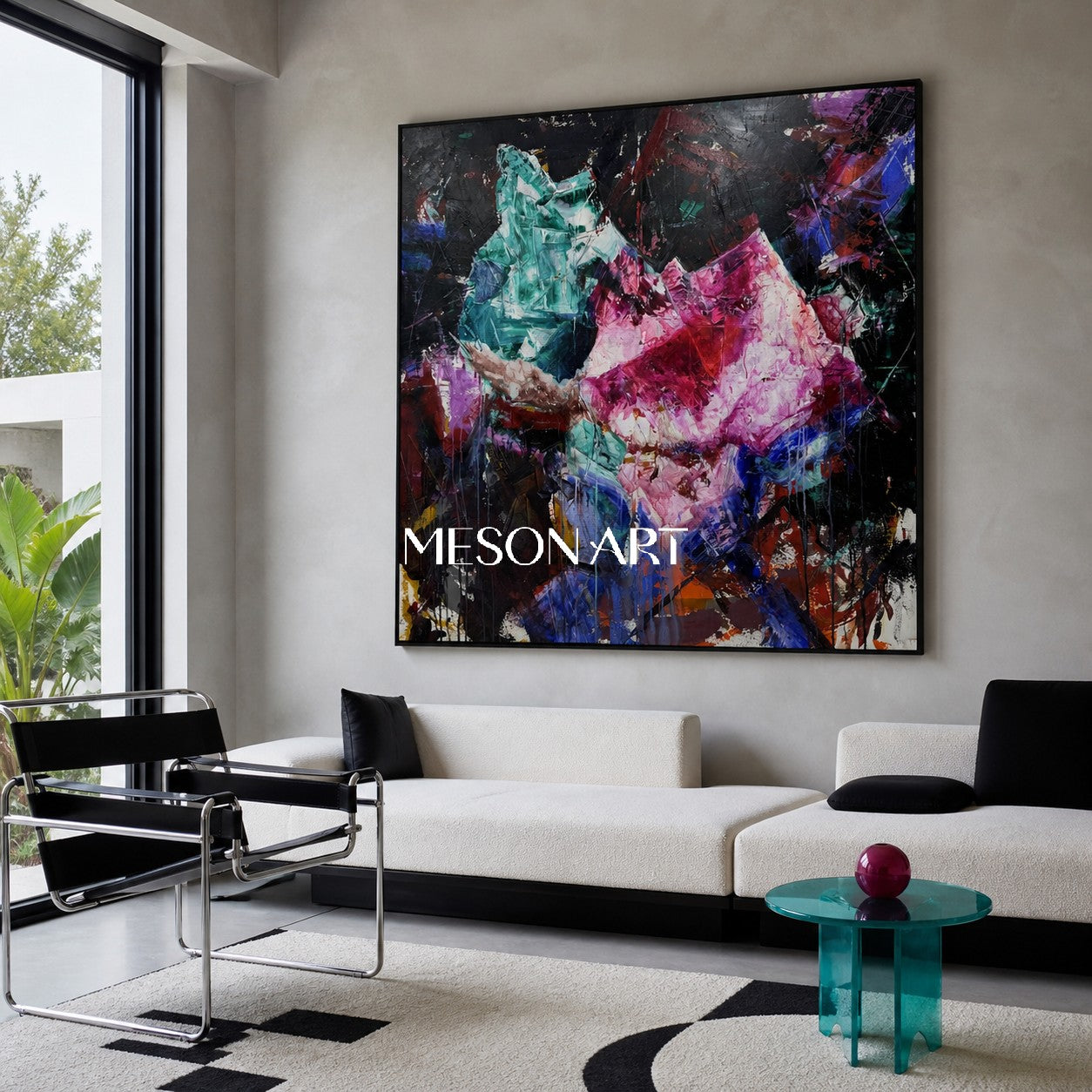 Original Pink Crystal Painting, Magenta Heavy Texture Canvas, Luxury Living Room Wall Decor, Modern Impasto Oil Artwork, Sculptural Strokes Art Piece, Expressionist Colorful Centerpiece, Large Framed Square Artwork, 3D Plaster Mineral Decor, High End Collector Artwork, Black Background Contemporary Art.