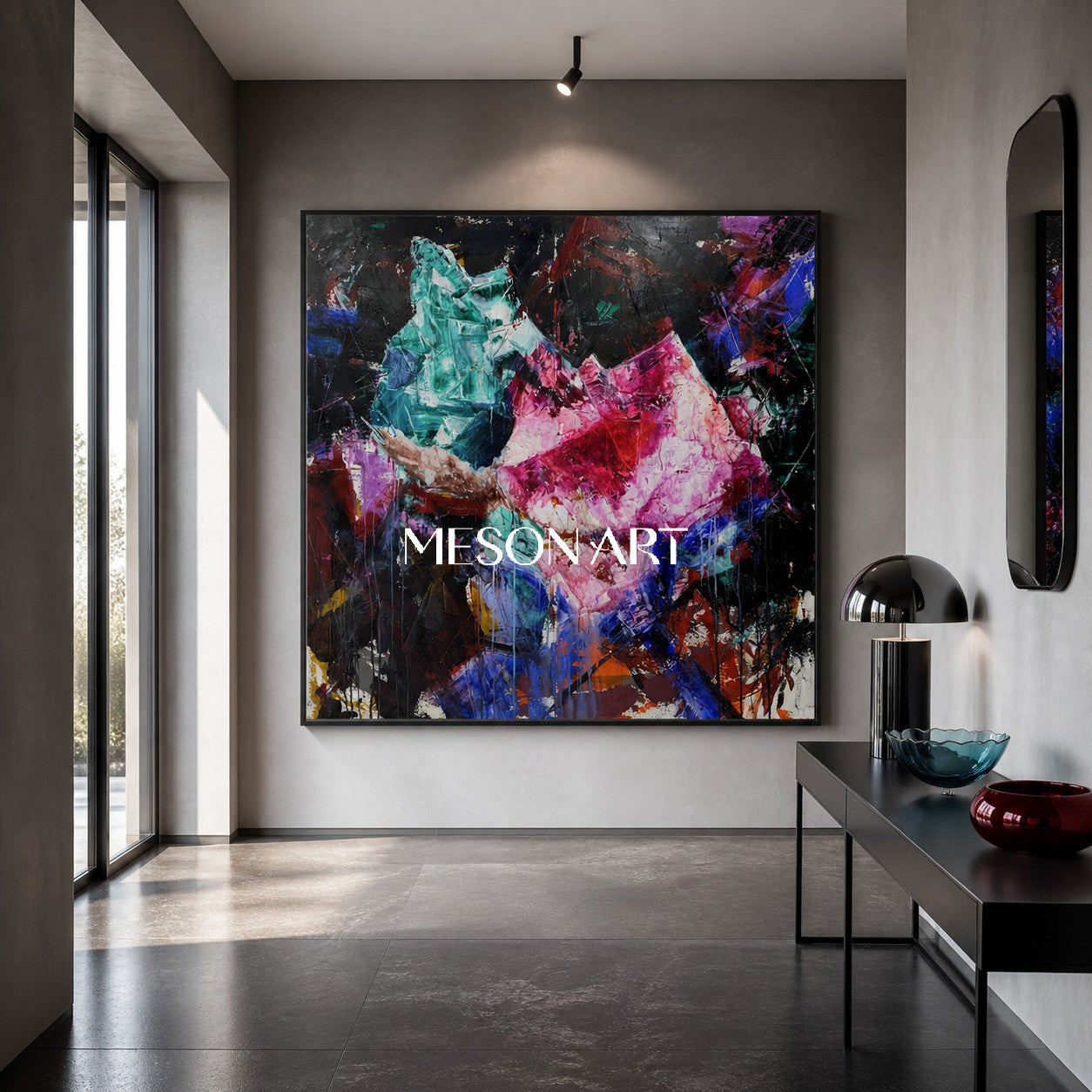 Original Pink Crystal Painting, Magenta Heavy Texture Canvas, Luxury Living Room Wall Decor, Modern Impasto Oil Artwork, Sculptural Strokes Art Piece, Expressionist Colorful Centerpiece, Large Framed Square Artwork, 3D Plaster Mineral Decor, High End Collector Artwork, Black Background Contemporary Art.