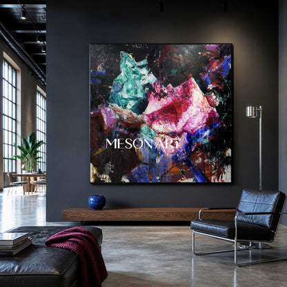 Original Pink Crystal Painting, Magenta Heavy Texture Canvas, Luxury Living Room Wall Decor, Modern Impasto Oil Artwork, Sculptural Strokes Art Piece, Expressionist Colorful Centerpiece, Large Framed Square Artwork, 3D Plaster Mineral Decor, High End Collector Artwork, Black Background Contemporary Art.