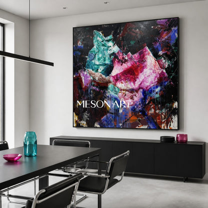Original Pink Crystal Painting, Magenta Heavy Texture Canvas, Luxury Living Room Wall Decor, Modern Impasto Oil Artwork, Sculptural Strokes Art Piece, Expressionist Colorful Centerpiece, Large Framed Square Artwork, 3D Plaster Mineral Decor, High End Collector Artwork, Black Background Contemporary Art.
