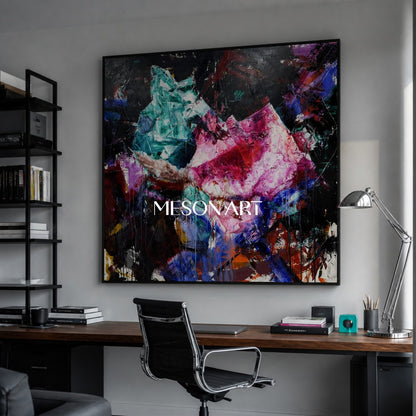 Original Pink Crystal Painting, Magenta Heavy Texture Canvas, Luxury Living Room Wall Decor, Modern Impasto Oil Artwork, Sculptural Strokes Art Piece, Expressionist Colorful Centerpiece, Large Framed Square Artwork, 3D Plaster Mineral Decor, High End Collector Artwork, Black Background Contemporary Art.