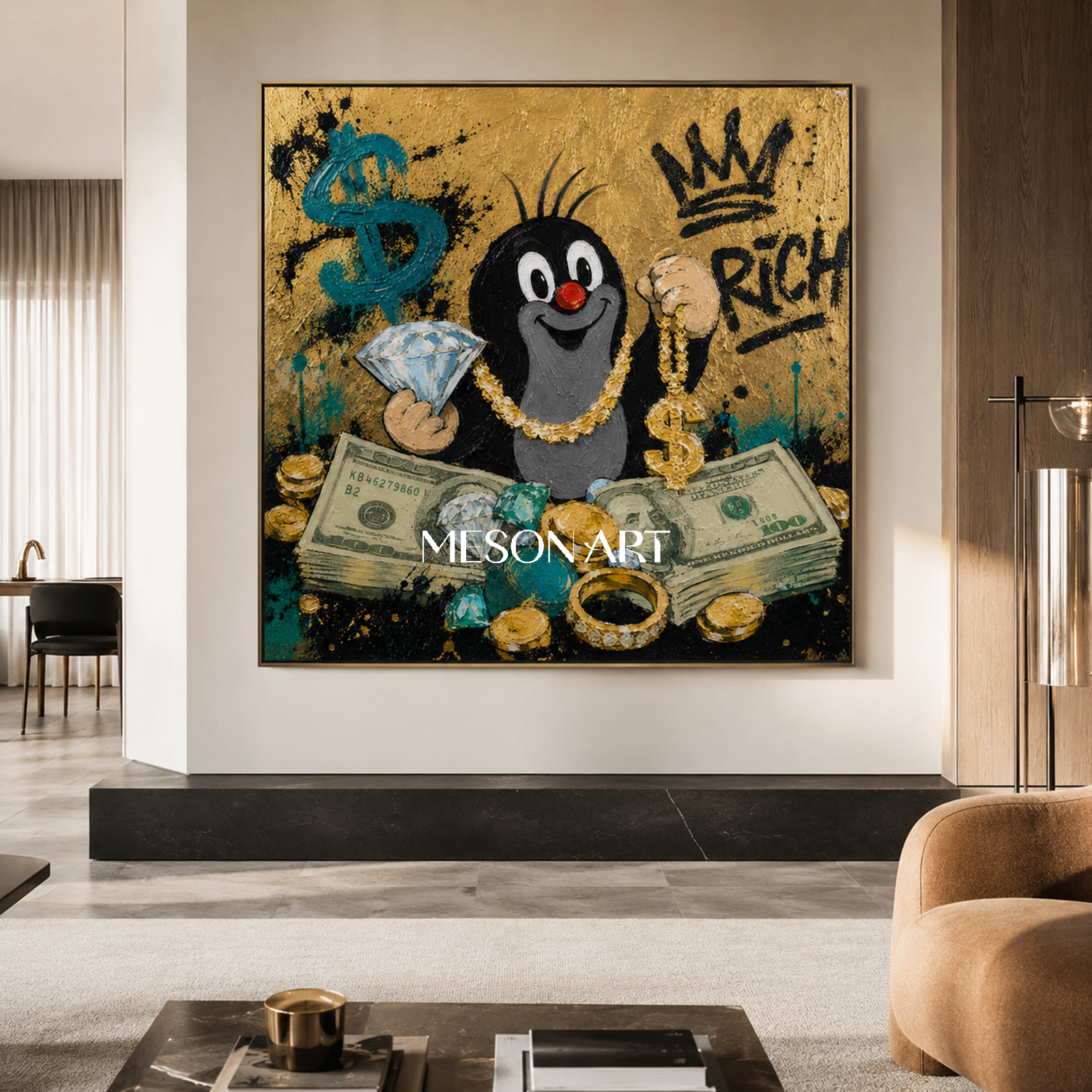 Luxury Pop Art Painting With Gold Texture And Cartoon Mole For Modern Living Room Decor