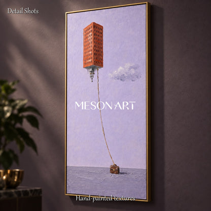 Purple And Brown Surrealist Floating Building Panoramic Wall Art For Living Room By Mesonart