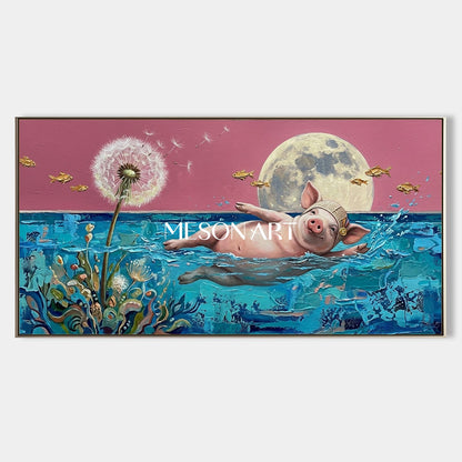 Pink And Blue Swimming Athlete Surrealist Painting Panoramic Wall Art Original Artist By Mesonart