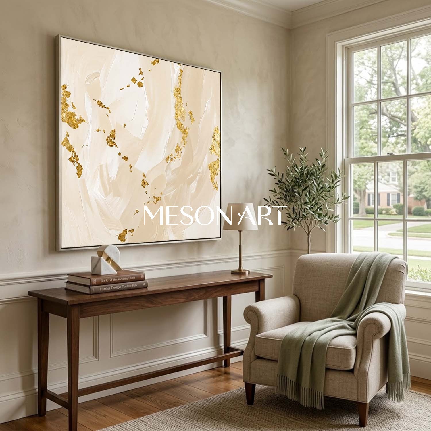 Luxury Gold Leaf Abstract Painting Beige Minimalist Art For Modern Home Decor