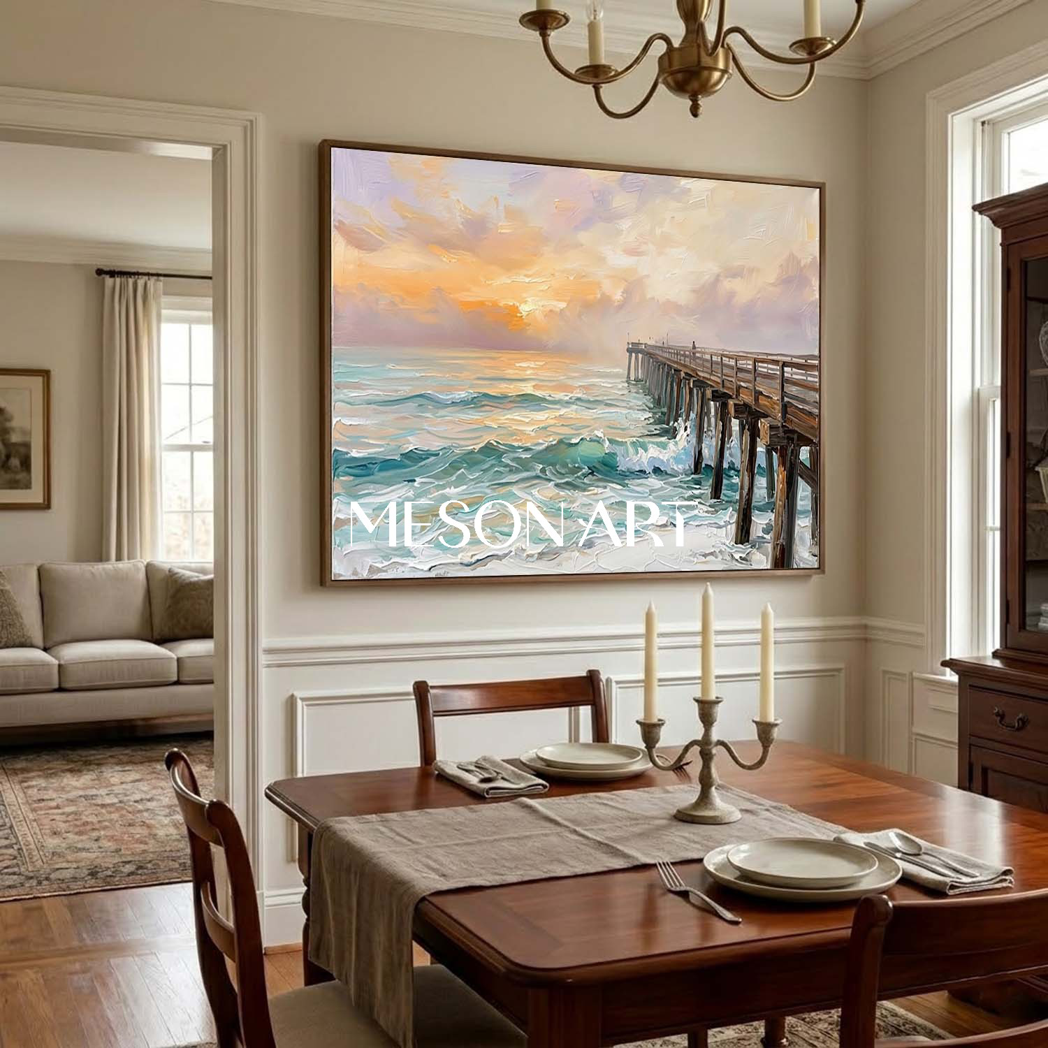 Luxury Golden Sunset Ocean Painting With Wooden Pier For Coastal Living Room Decor