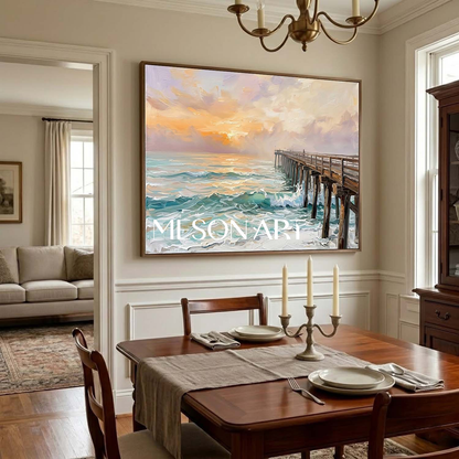 Luxury Golden Sunset Ocean Painting With Wooden Pier For Coastal Living Room Decor