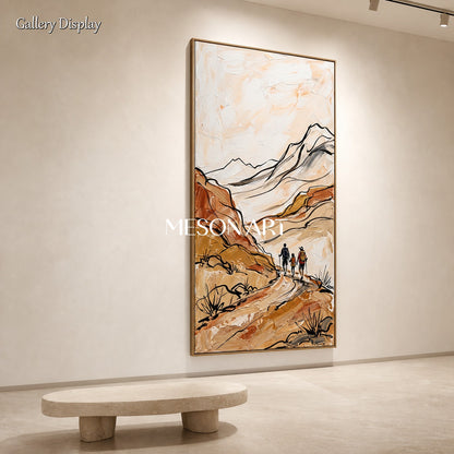 Beige And Brown Contemporary Hiking Landscape Panoramic Wall Art Original Artist Hand Painted Nature Adventure By Mesonart
