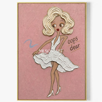 Playful Fashion Girl Painting In Pink With Textured Brushwork For Bedroom Decor