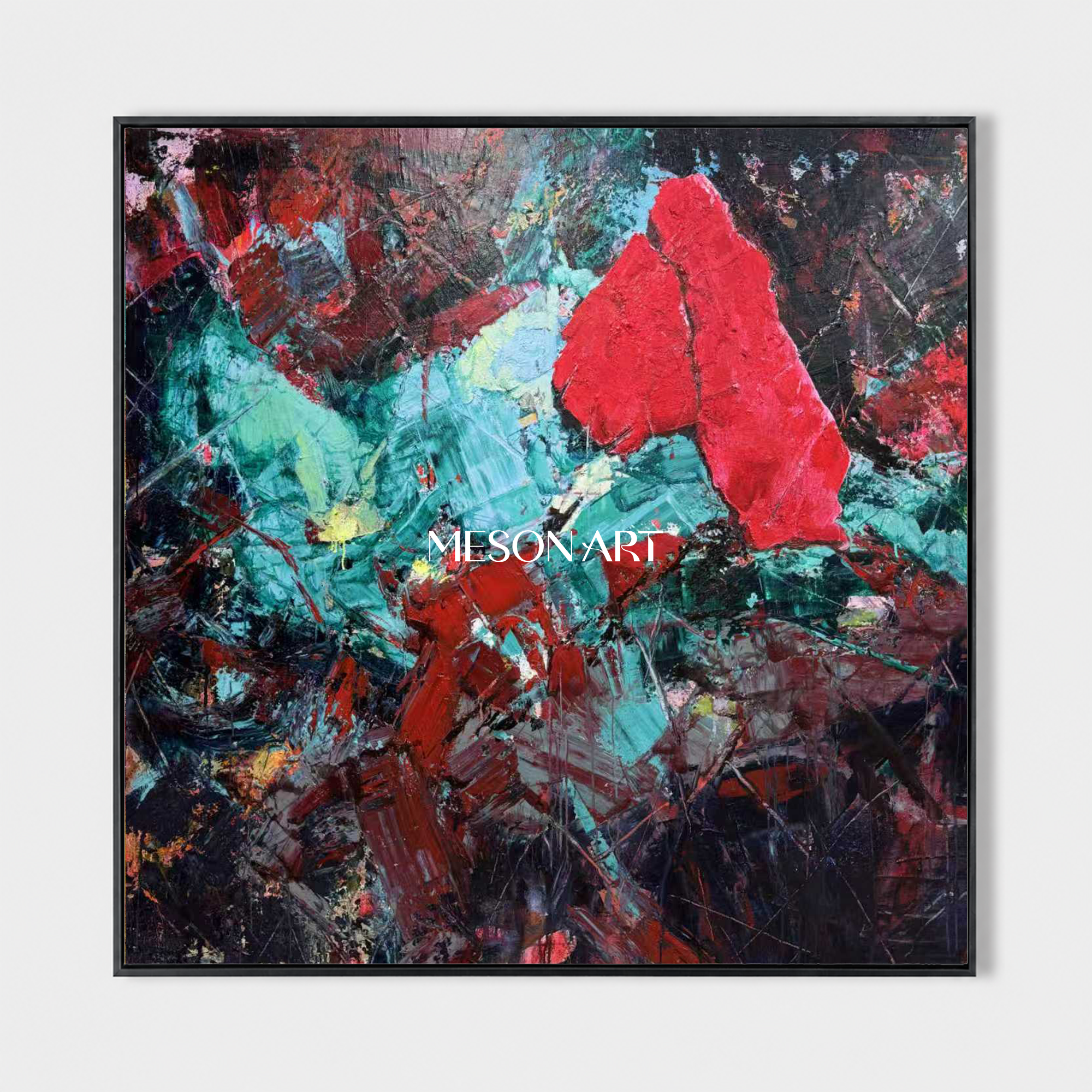 Original Red Crystal Painting, Teal Heavy Texture Canvas, Luxury Living Room Wall Decor, Modern Impasto Oil Artwork, Sculptural Strokes Art Piece, Expressionist Colorful Centerpiece, Large Framed Square Artwork, 3D Plaster Mineral Decor, High End Collector Artwork, Black Background Contemporary Art.