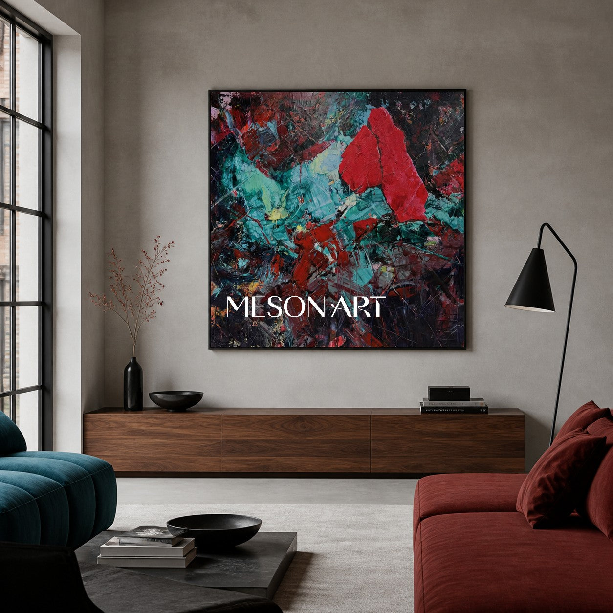 Original Red Crystal Painting, Teal Heavy Texture Canvas, Luxury Living Room Wall Decor, Modern Impasto Oil Artwork, Sculptural Strokes Art Piece, Expressionist Colorful Centerpiece, Large Framed Square Artwork, 3D Plaster Mineral Decor, High End Collector Artwork, Black Background Contemporary Art.
