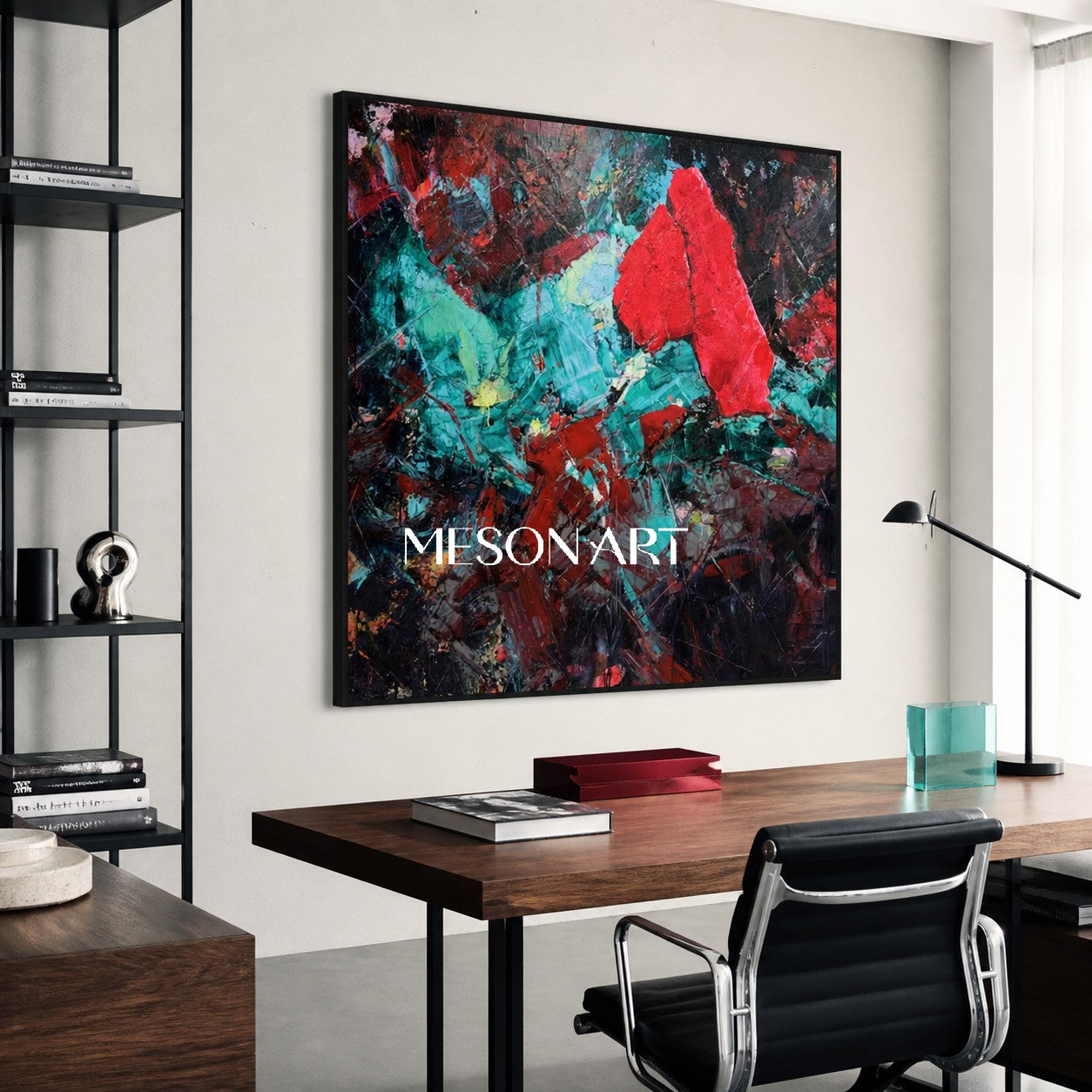 Original Red Crystal Painting, Teal Heavy Texture Canvas, Luxury Living Room Wall Decor, Modern Impasto Oil Artwork, Sculptural Strokes Art Piece, Expressionist Colorful Centerpiece, Large Framed Square Artwork, 3D Plaster Mineral Decor, High End Collector Artwork, Black Background Contemporary Art.