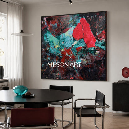 Original Red Crystal Painting, Teal Heavy Texture Canvas, Luxury Living Room Wall Decor, Modern Impasto Oil Artwork, Sculptural Strokes Art Piece, Expressionist Colorful Centerpiece, Large Framed Square Artwork, 3D Plaster Mineral Decor, High End Collector Artwork, Black Background Contemporary Art.