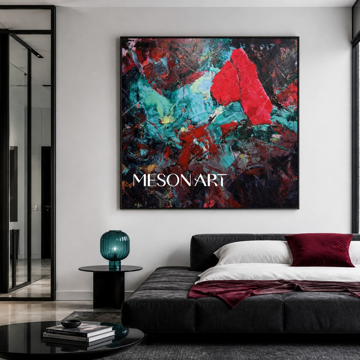 Original Red Crystal Painting, Teal Heavy Texture Canvas, Luxury Living Room Wall Decor, Modern Impasto Oil Artwork, Sculptural Strokes Art Piece, Expressionist Colorful Centerpiece, Large Framed Square Artwork, 3D Plaster Mineral Decor, High End Collector Artwork, Black Background Contemporary Art.