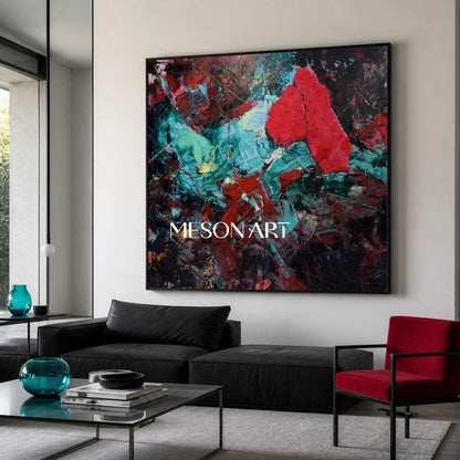 Original Red Crystal Painting, Teal Heavy Texture Canvas, Luxury Living Room Wall Decor, Modern Impasto Oil Artwork, Sculptural Strokes Art Piece, Expressionist Colorful Centerpiece, Large Framed Square Artwork, 3D Plaster Mineral Decor, High End Collector Artwork, Black Background Contemporary Art.