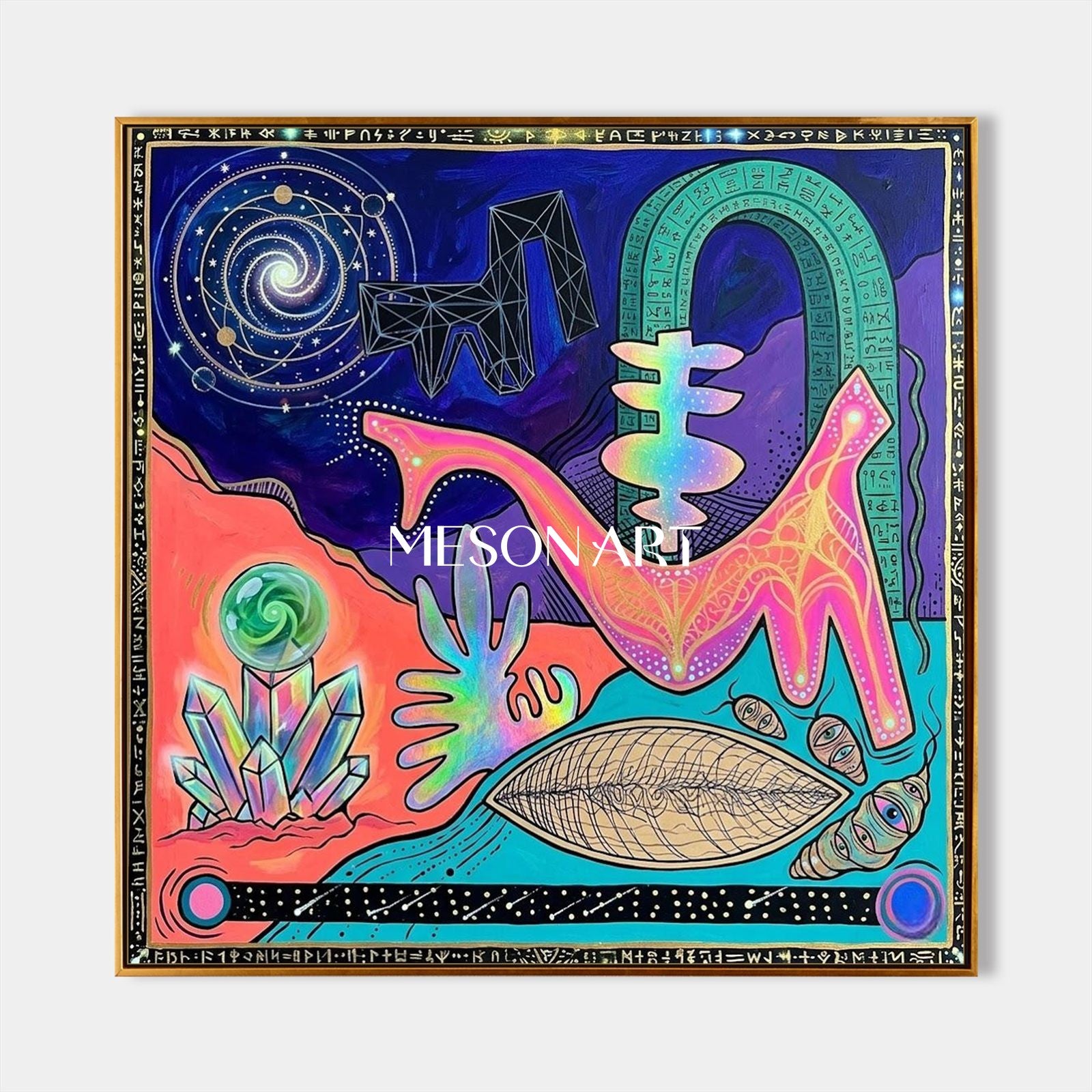Abstract Surreal Painting With Cosmic Symbols For Modern Living Room Decor