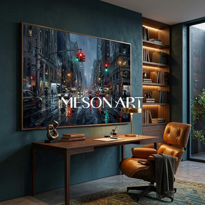 Abstract City Painting With Neon Lights And Rain Reflections For Modern Living Room Decor
