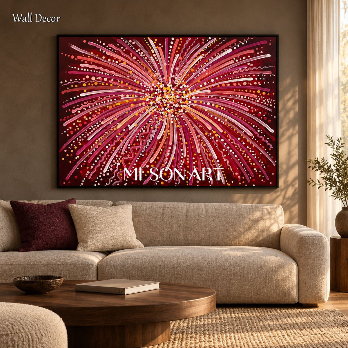 Red And Gold Fireworks Abstract Expressionism Art Rectangular Wall Decor For Living Room By Mesonart