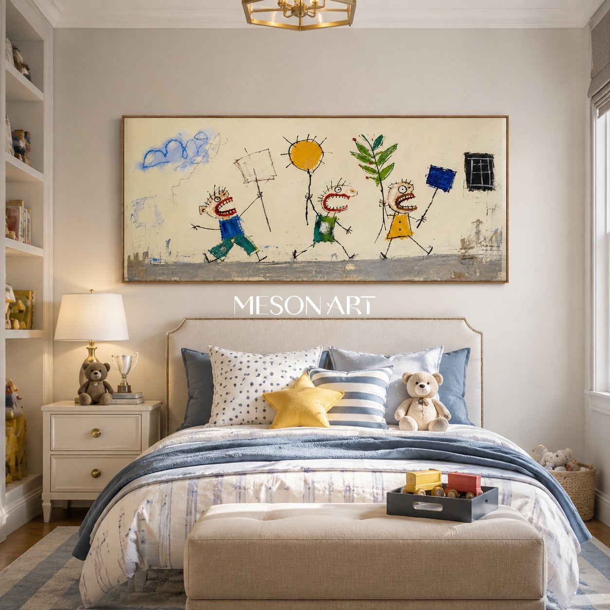 Whimsical Pop Art Painting With Bold Characters And Textured Impasto For Modern Living Room Decor