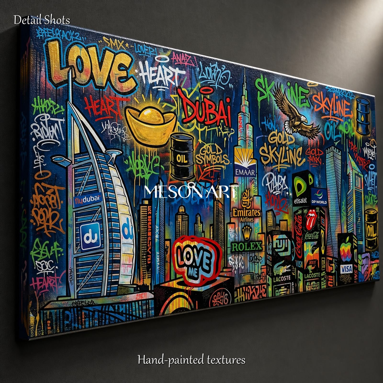 Black And Gold Graffiti Painting Panoramic Wall Art Original Artist Banksy Style For Living Room By Mesonart