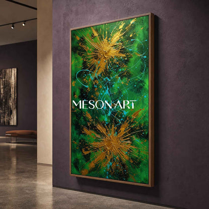 Emerald Green And Gold Abstract Art With Textured Relief For Modern Living Room Decor