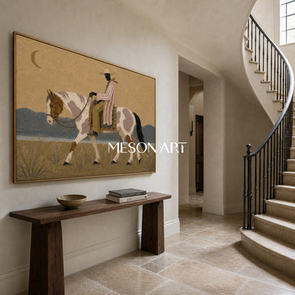 Moonlit Cowboy Horse Painting Textured Western Art For Living Room Decor
