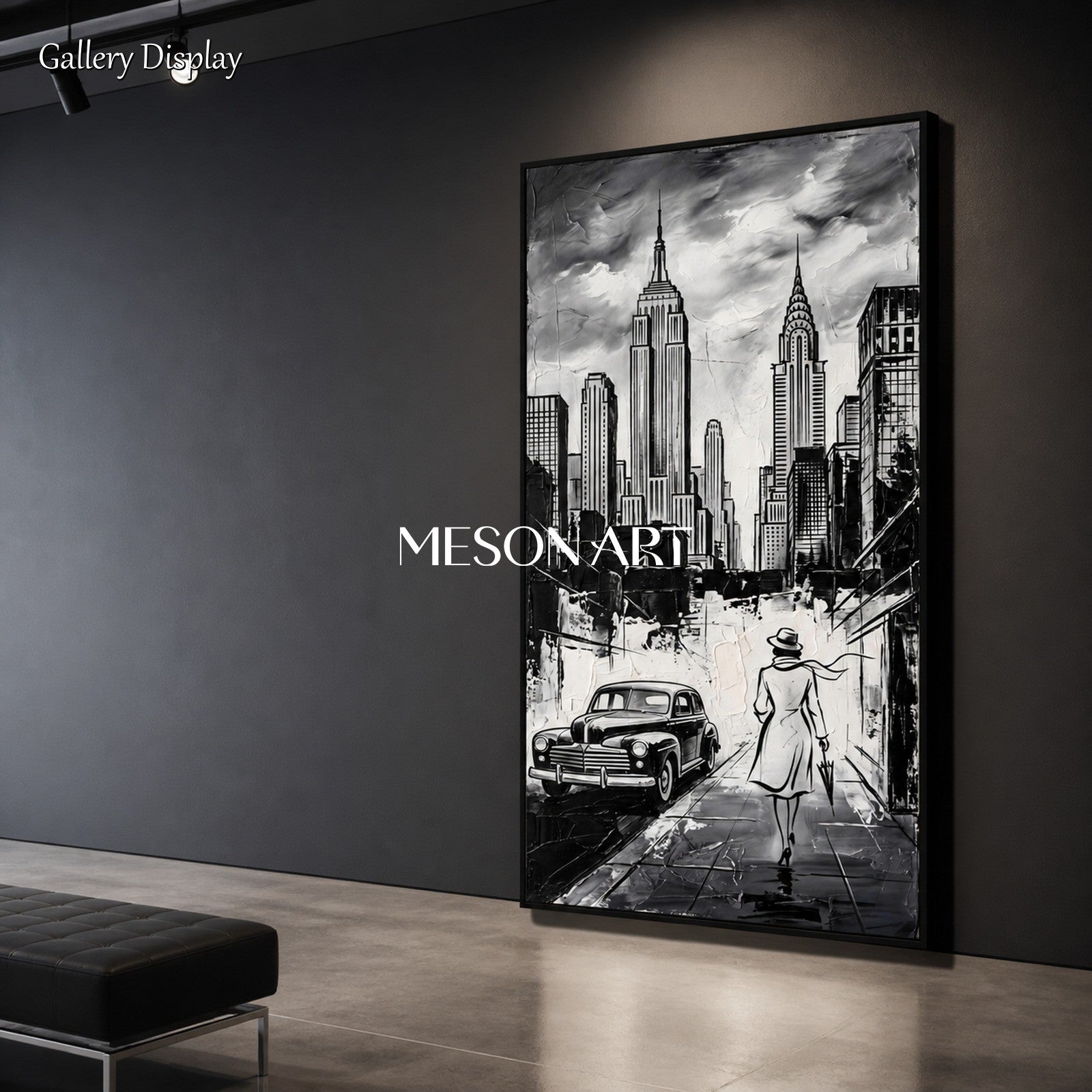 Black And White Modern Cityscape Painting Panoramic Wall Art Contemporary New York City Original Artist By Mesonart