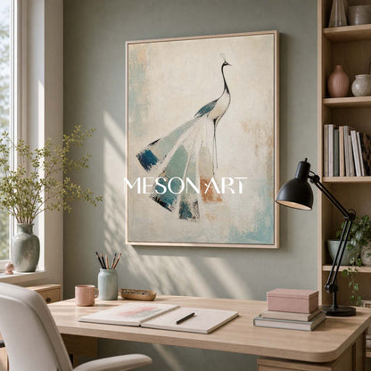 Elegant Peacock Abstract Painting In Beige And Teal For Art Deco Interior Design