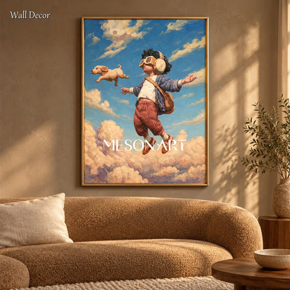 Blue Beige Surrealist Original Artist Hand Painted Rectangular Fantasy Wall Art For Living Room By Mesonart