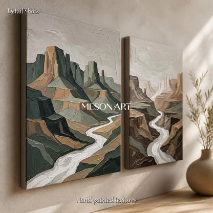 Green And Brown Modern Landscape Painting Rectangular Wall Art Contemporary Luxury Artwork By Mesonart