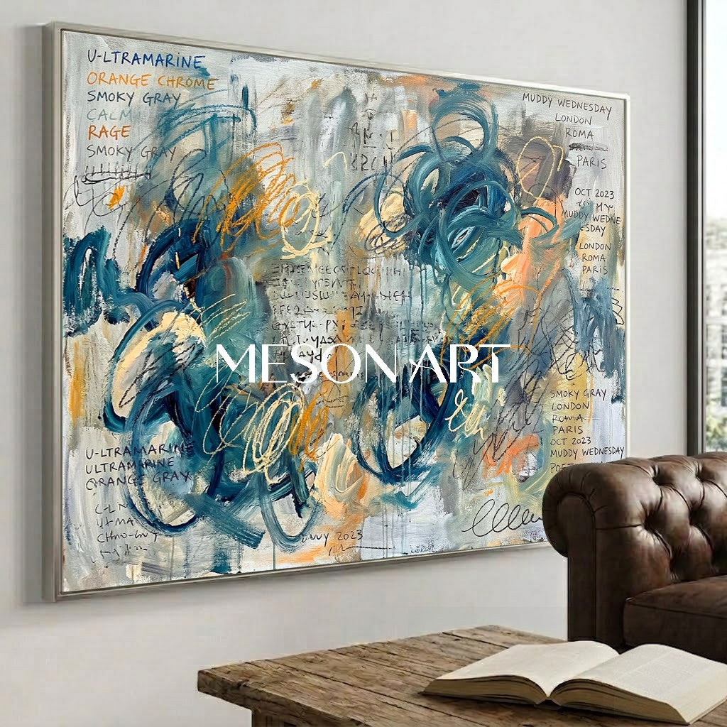 Original Framed Large Canvas Ultramarine Abstract Art For Living Room