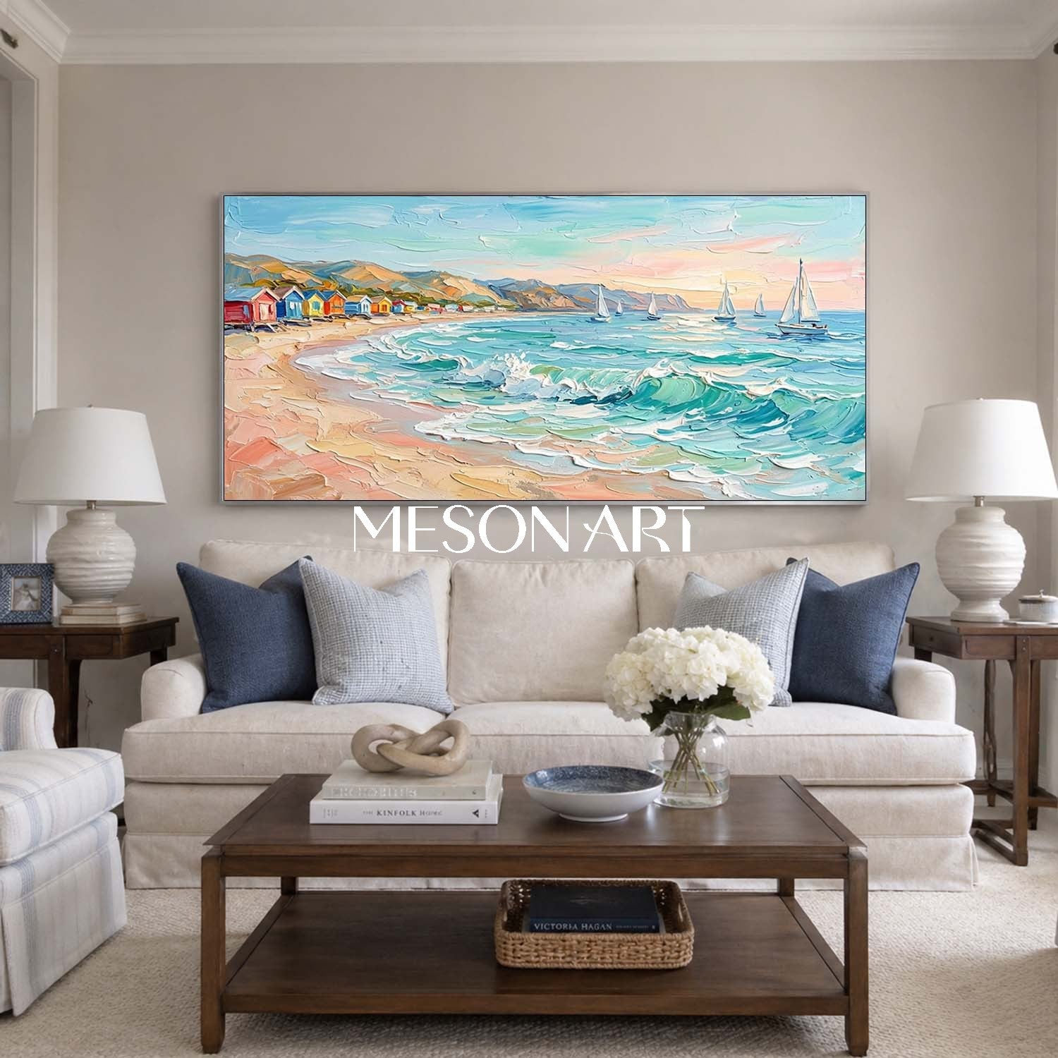 Luxury Coastal Wall Art With Turquoise Waves And Sailboats For Living Room Decor